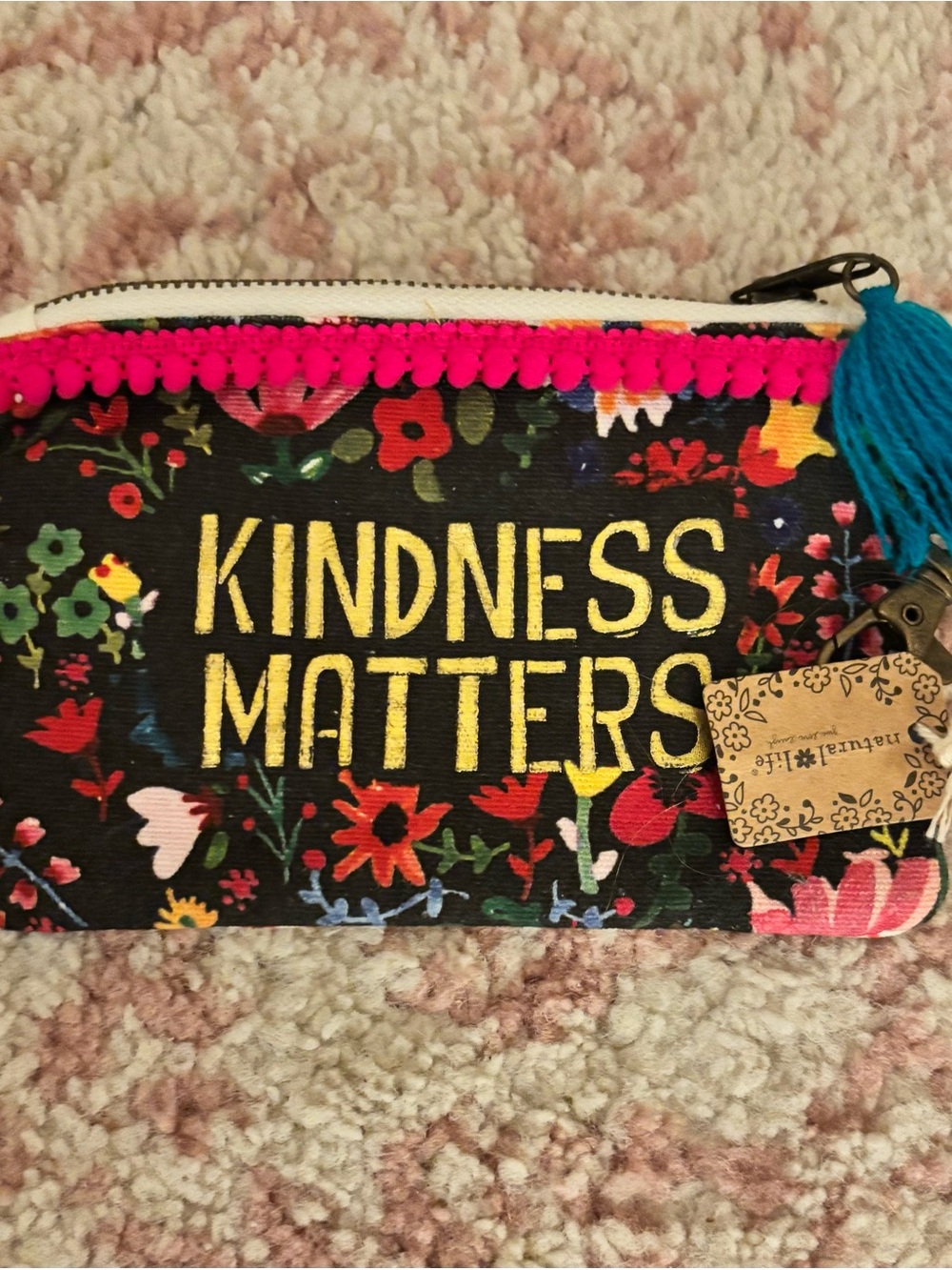 NWT NATURAL LIFE Black Floral Zip Pouch with Yellow Text and Pink Trim